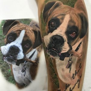 柳先生小腿写实狗狗肖像纹身图案