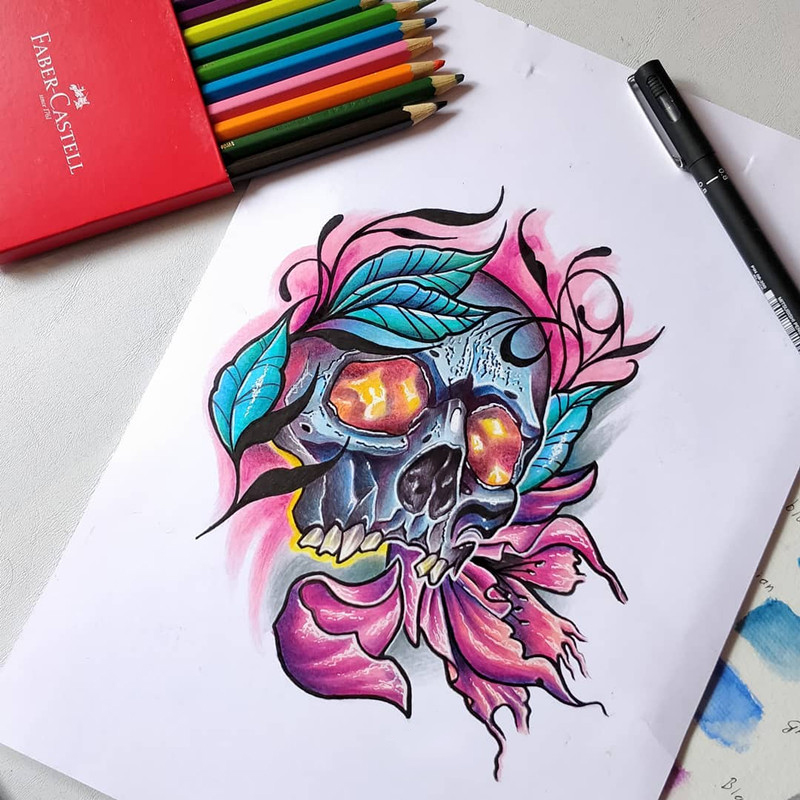 骷髅牡丹纹身手稿
